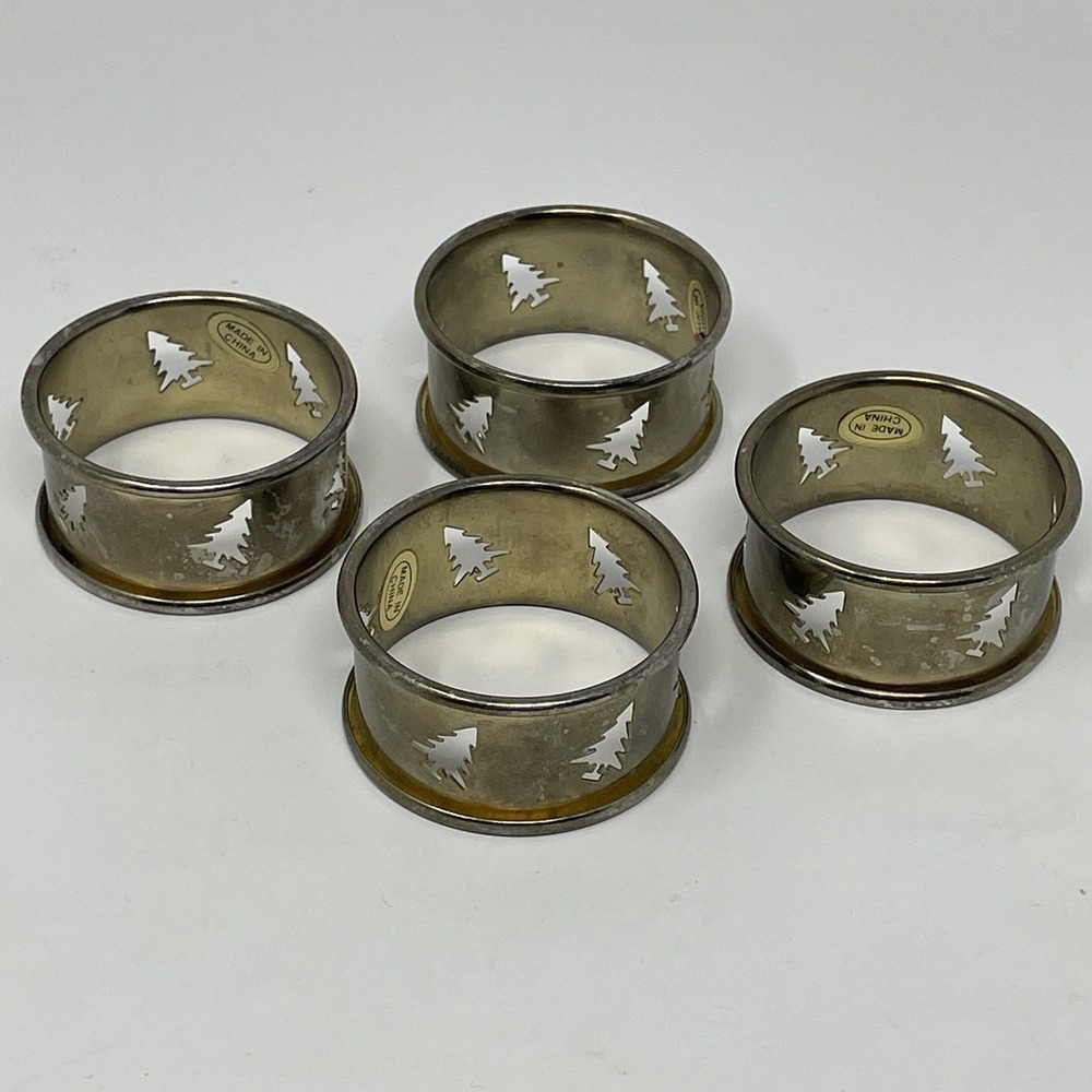 Set of 4 Vintage Gold Tone Brass Christmas Tree Cutout Napkin Rings Holiday